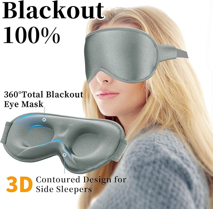 3D Sleep Mask for Men&Women, 2 Pack Contour Eye Masks for Sleep, Side Sleeping Mask for Men&Women, Blackout Eye Mask for Sleeping Eye Mask, Airplane Travel Essentials, Meditation Black & Silver-Gray