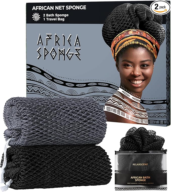 African Exfoliating Net Sponge for Men - Bath Sponge Back Scrub for Shower - Authentic African Net with Knots - Body Wash Scrubber Cloth with Handle - Skin Exfoliator Bathing Loofah for Men