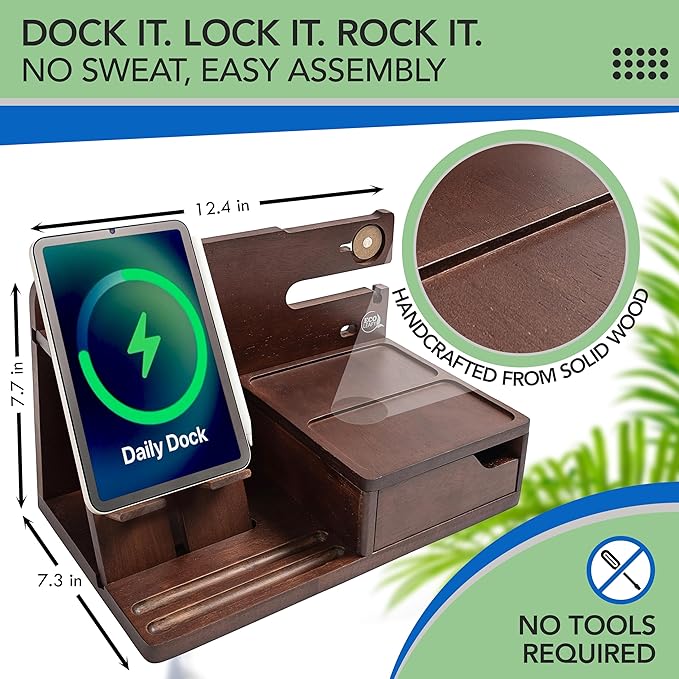 Nightstand Organizer- Bedside Docking Station for Men- Unique Gifts for Husband, Father or Dad from Wife, Son or Daughter- Desk Organizer for Phone, Watches, Wallet & Accessories (Brown)
