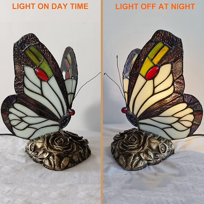 Bedside Table Lamp LED Tiffany Black White Butterfly Nightstand Table Lamps Stained Glass Shade ON Off Switch Home Office Desk Lamp Night Light Girl Grandma Mothers Day Gifts W/Gift Box
