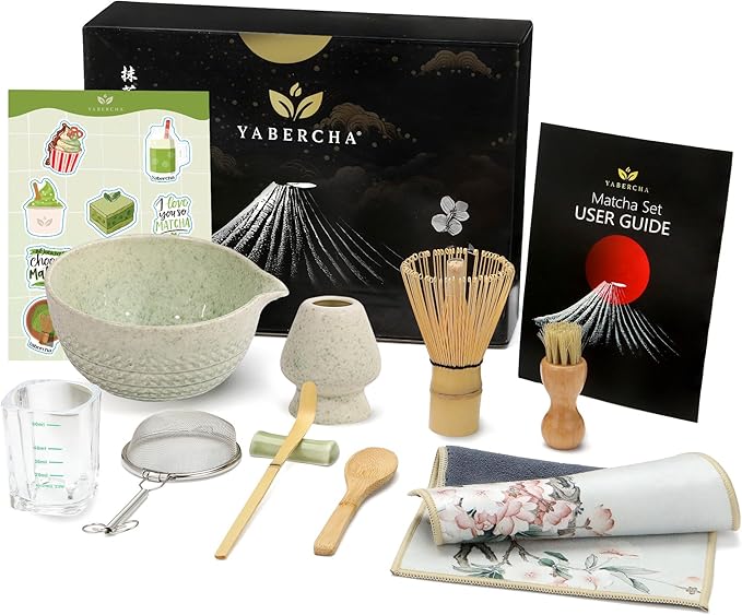 10 Pcs Matcha Whisk Set - 15 OZ Matcha Bowl with Spout and Whisk Holder & Measuring Cup - Bamboo Matcha Scoop and Spoon - Stainless Steel Sifter - Cleaning Brush - Matcha Kit for Japanese Tea Ceremony