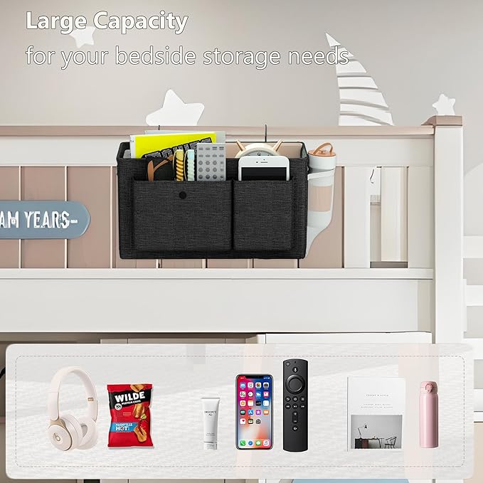Bedside Caddy Bedside Organizer with Fixed Straps & Water Bottle Holder, Bunk Bed Caddy ideal for Home, Dorm, Hospital, Crib, Versatile Bedside Storage Solution (Black 2pcs)