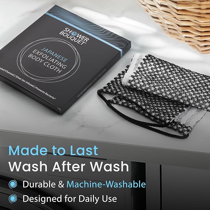 Japanese Exfoliating Washcloth for Back & Body 2-Pack - Charcoal & Silver Ion Exfoliating Towel with Handles - Two-Sided Gentle Exfoliation & Deep Cleanse Body Wash Cloths for Shower - 2 White