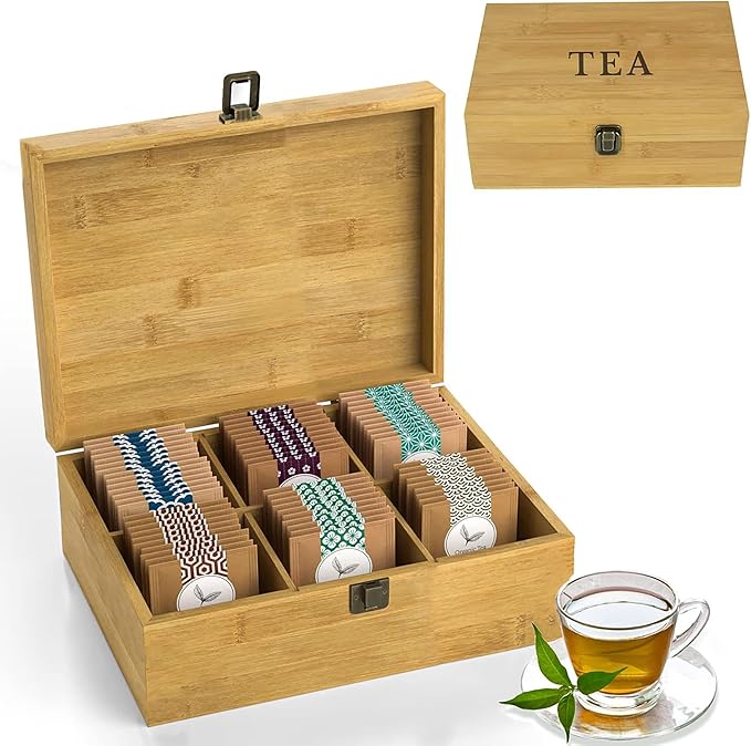 Tea Organizer Box Food Safe Chemical Free Bamboo Wood Storage Chest Big, Tall, Adjustable Cubbies (6-Slot 11" x 8.1" x 4.2" with TEA stamp design)