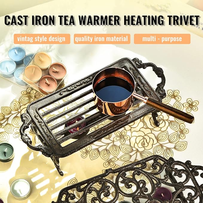 Sungmor Heavy Duty Cast Iron Teapot Dish Warmer Stable Holder for Tealight Stand | Tealight Warmer Decorative Stove for Villa Yard Balcony-Rectangle