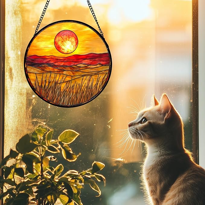 Stained Glass Window Hanging 4 Pcs Set Desert Sunset Theme Landscape 9.8" - Suncatcher Door Garden Sun Catcher Decor Birthday Christmas for Mom Woman Nana Men