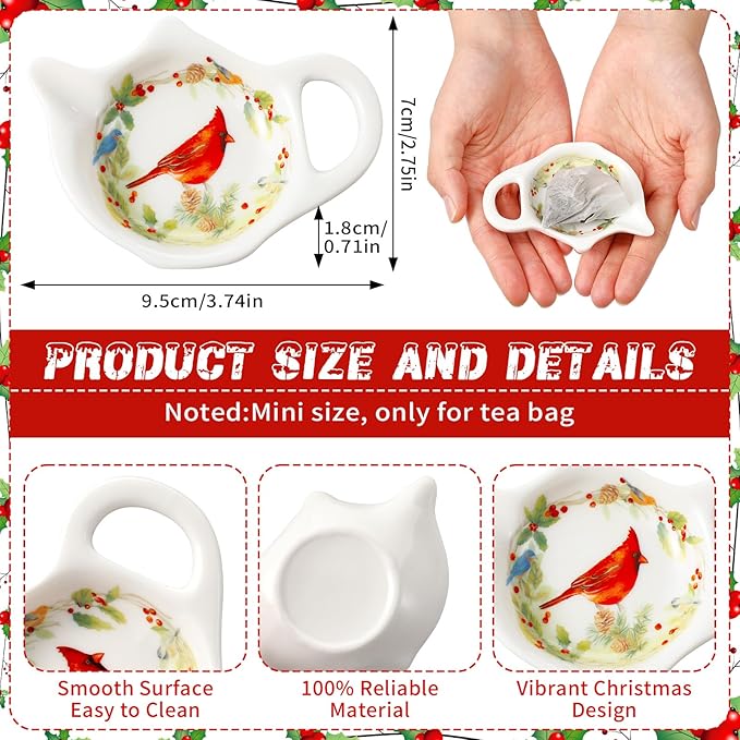 Set of 6 Christmas Winter Birds Tea Bag Holders Porcelain Ceramic Teapot Shaped Coasters Tea Bag Plate Spoon Rests Pad Saucer Seasoning Dish Set for Party Decoration Gifts, 3.7x2.75''