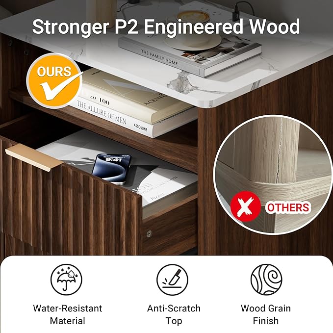 Large Fluted Nightstand Set of 2 with Charging Station, 23" Modern End Table with Faux Marble Top, 2 Drawers Side Table with Storage, for Bedroom Living Room, Curved Profile Design(Walnut)