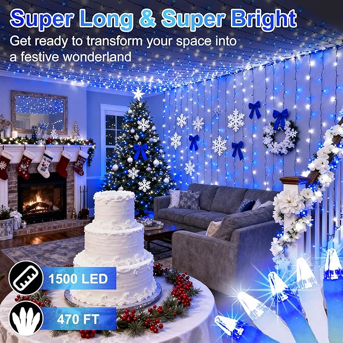 1500 LED 470FT Christmas String Lights Outdoor, 12 Pro Modes and Timer Memory & Brightness, Plug in Waterproof Clear Wire Twinkle Light for for Xmas Yard Tree Wedding Party Decor (Blue & White)