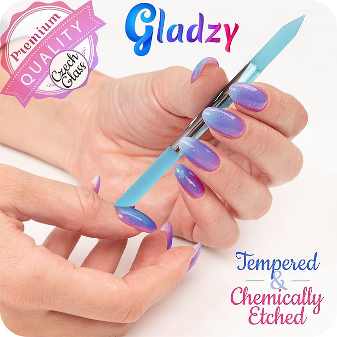 GLADZY Genuine Czech Glass Nail File Set - Callus Remover Foot Rasp, Cuticle Pusher Manicure Stick, Double Sided Etched Different Grit Surface, Professional Nail Care Tool, Made in EU