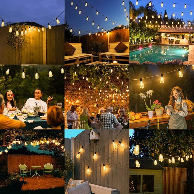 Brightever LED Outdoor String Lights 100FT Patio Lights with 52 Shatterproof ST38 Vintage Edison Bulbs, Outside Hanging Light Waterproof for Porch, Deck, Garden, Backyard, Balcony, 2700K Dimmable