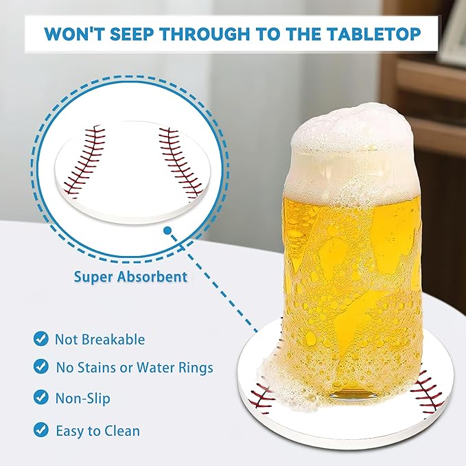 Baseball Round 4" Cup Coasters Set of 4, Absorbent Ceramic Stone Coasters with Cork Base, Ideal Gifts for Home Decor