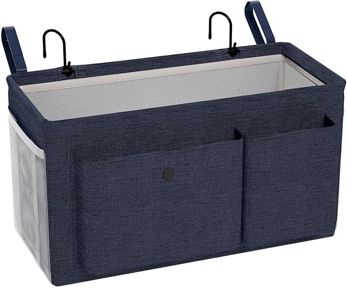 Bedside Caddy Bedside Organizer with Fixed Straps & Water Bottle Holder, Bunk Bed Caddy ideal for Home, Dorm, Hospital, Crib, Versatile Bedside Storage Solution (Navy)