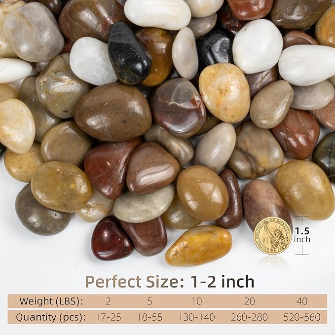 40lbs Pebbles for Landscaping, 1-2Inch Mixed Color Natural River Rocks for Aquarium, High Polished Decorative Stones for Vase Filler Fish Tank Gardening