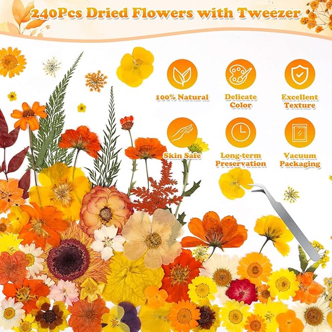 361 Pcs Pressed Dried Flowers with Butterfly Stickers for Crafts, Real Pressed Wildflowers Dry Leaves Bulk with Tweezer for Resin Jewelry Molds, Candle Soap Making, Scrapbook, Bookmark, Nails Decor