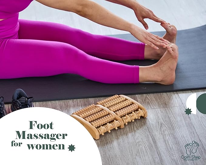 Wooden Foot Roller Massager for Plantar Fasciitis Relief - Arch-Shape Design for Neuropathy & Stress Relief - Durable & Portable Wooden Foot Massager roller - Includes Reflexology Chart