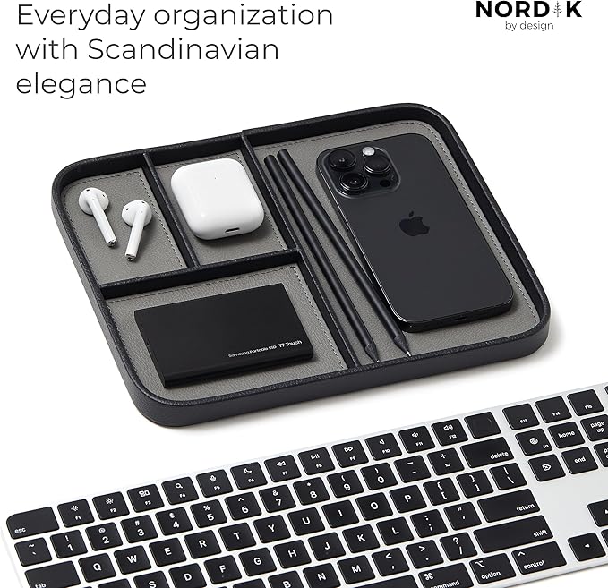 Nordik By Design Leather Valet Tray - Pebble Black Premium Vegan Stylish and Organized Nightstand for Men EDC Catchall Keys, Watch, Wallet, Jewelry Modern Bedside Caddy