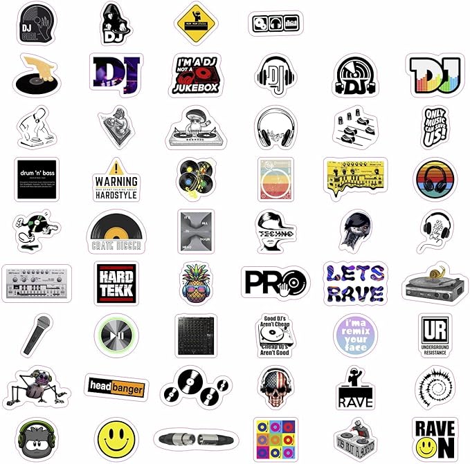 BulbaCraft 100Pcs DJ Stickers for Water Bottle and Laptop - DJ Party Favors & Decorations, Waterproof Vinyl Decals, Music and Turntable Stickers, Gifts for Women & Men