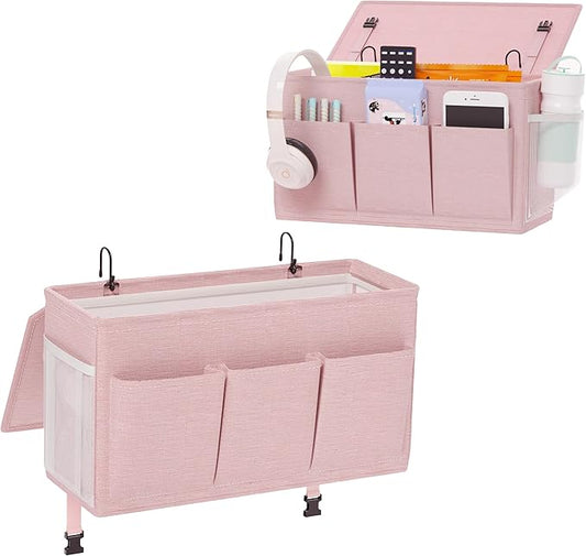 Dual-purpose Bedside Caddy Bedside Organizer, Bed Caddy with 6 Pockets, Versatile Bedside Storage Solution Magazine Remotes holder, ideal for Home, Dorm, Hospital, Crib Bed (Pink 2pcs)