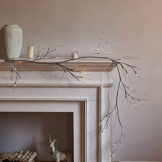 Hairui Lighted Garland Snow Flocked with Timer 6FT 48 LED Battery Operated Pre-lit Twig Vine Firepalce Mantle Table Winter Christmas Decoration Indoor Outdoor