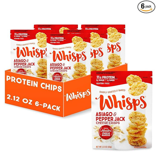 Whisps Cheese Crisps Asiago & Pepper Jack | Protein Chips | Healthy Snacks | Protein Snacks, Gluten Free, High Protein, Low Carb Keto Food (2.12 Oz, 6 Pack)