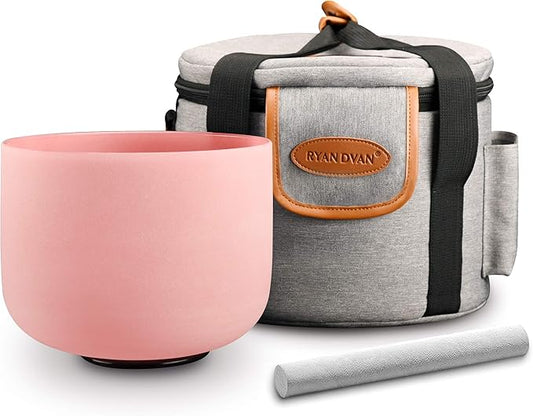 RYAN DVAN 8” F Note Pink Frosted Heart Chakra Crystal Singing Bowl with Free Heavy-Duty Carrying Case and Suede Striker O-Ring