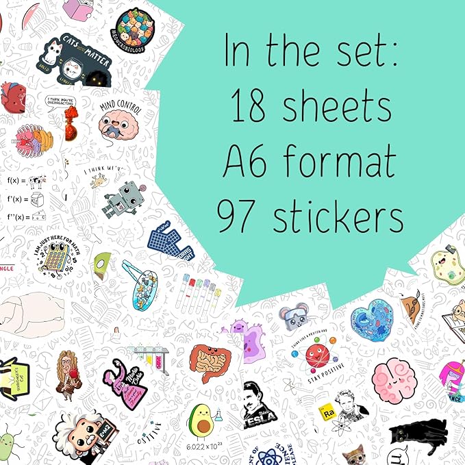 BulbaCraft 100Pcs Science Stickers for Students - Science Class Room Decor, Waterproof Vinyl Decals, Gifts for Women & Men