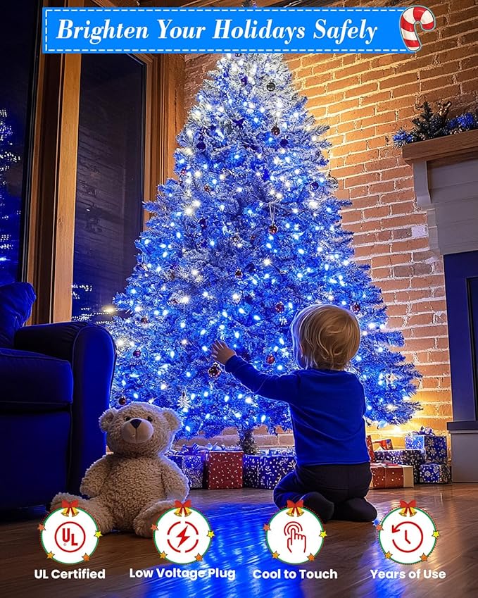 Blue White Christmas Lights Outdoor,Total 710FT 1800 LED,Extra Long String Lights Waterproof, Timer & Memory, 8 Modes Dimmable Plug in Fairy for Outside Tree Wedding Patry