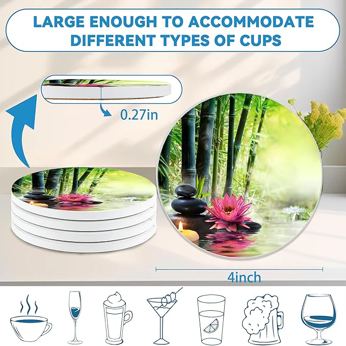 Zen Bamboo Round 4" Cup Coasters Set of 4, Absorbent Ceramic Stone Coasters with Cork Base, Ideal Home Decor Gifts