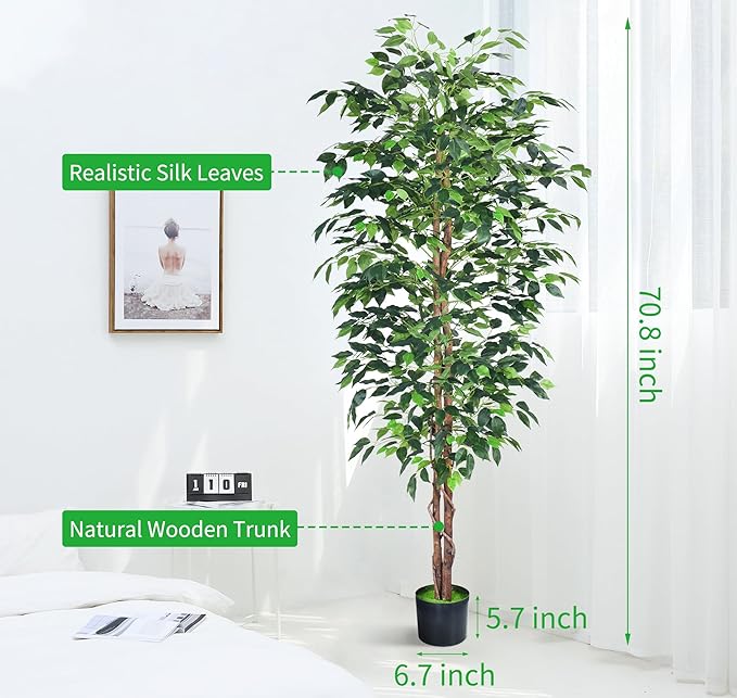 6FT Artificial Ficus Tree,Fake Plants with Sturdy Plastic Nursery Pot,Faux Ficus Trees for Home Office Living Room Farmhouse Indoor Outdoor Decor Perfect Housewarming Gift (6FT-1Pack)