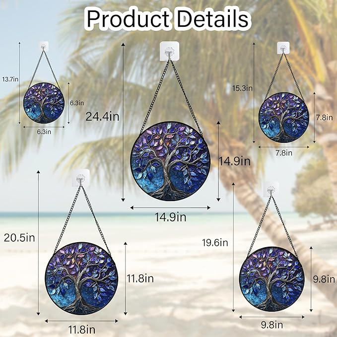 Stained Glass Window Hanging, Blue Purple Tree of Life Sun Catchers Colorful Glass Panel Plants Suncatcher Decor for Birthday for Women,Men,Wife, Lovers, and Mom 14.9x14.9 in