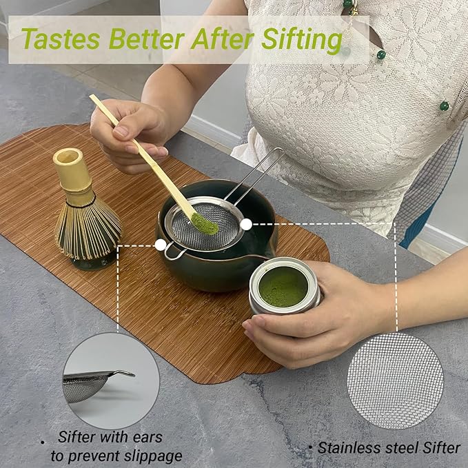 Matcha Whisk Set – 5 Pcs Matcha Set Whisk and Bowl with Spout, Bamboo Scoop, Sifter & Holder – Ru Kiln Matcha Bowl Japanese Tea Kit for Gifts, Home Use & Ceremonial Rituals (green)
