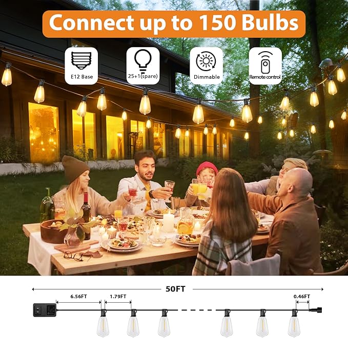 Brightever Dimmable Outdoor String Lights with Remote, 3 Colors in 1 LED Patio Light for Outside with 25+1 ST38 Edison Bulbs, 50FT 3 Modes Gazebo Lighting Waterproof for Camping, 2700K/4000K/5000K