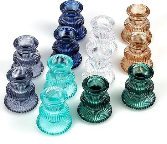 WDHODEC Christmas Taper Candle Holders 12PCS Glass Candlestick Holders for Table Centerpiece Colorful Candle Sticks for Wedding, Party and Winter Decoration(Blue&Green)
