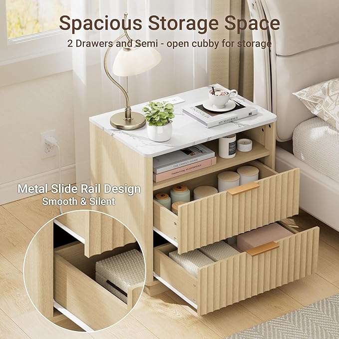 Large Fluted Nightstand with Charging Station, 23" Modern End Table with Faux Marble Top, 2 Drawers Night Stand with Storage, Side Table for Bedroom Living Room,Curved Profile(Natural Oak)
