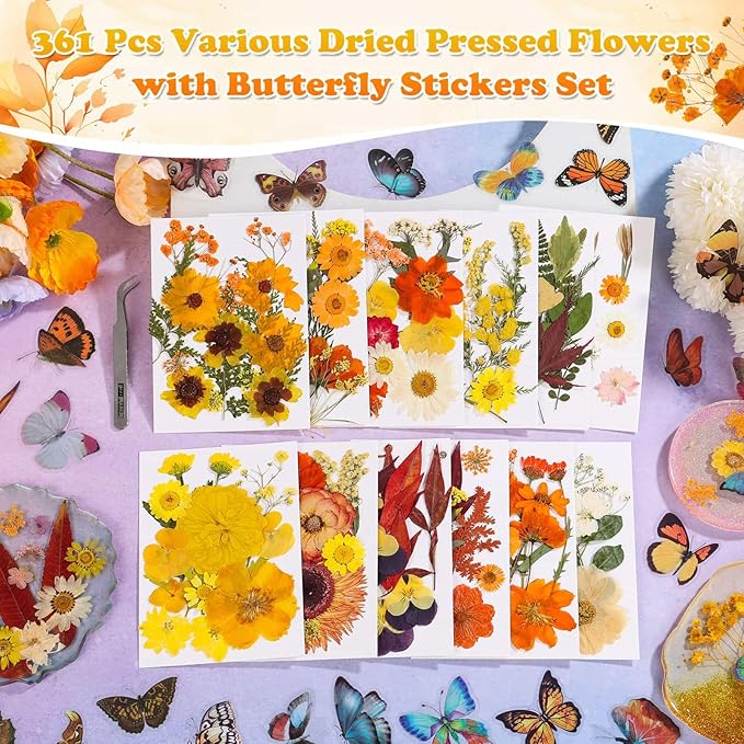 361 Pcs Pressed Dried Flowers with Butterfly Stickers for Crafts, Real Pressed Wildflowers Dry Leaves Bulk with Tweezer for Resin Jewelry Molds, Candle Soap Making, Scrapbook, Bookmark, Nails Decor