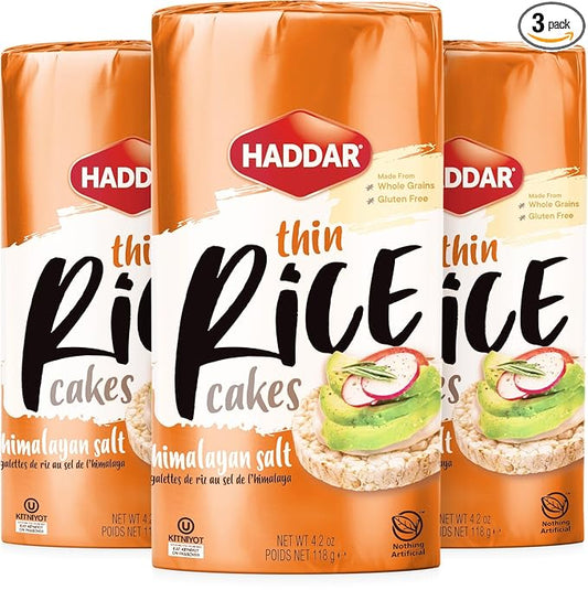 Haddar Wholegrain Thin Rice Cakes with Himalayan Sea Salt, 4.2oz (3 Pack) | Gluten Free | Made With Whole Grain Brown Rice | Vegan | Non GMO | Low Calorie | Zero Sugar | Kosher