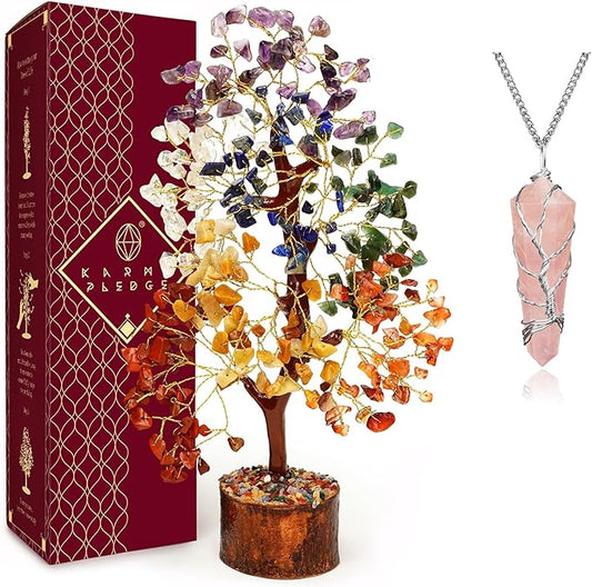 7 Chakra Healing Crystal Tree with Rose Quartz Crystal Necklaces Gifts for Women, Positive Energy, Wealth, Success, Meditation, Home & Office Decor, Spiritual Birthday Gifts for Mom and Loved one,