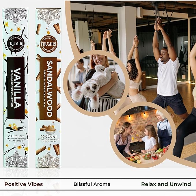 Trumiri Incense Sticks - Combo Pack of 40 Insence-Sticks - 20 Vanilla + 20 Sandalwood - Insenses - Insents - Incents - Inscense - Incence - Incienso - All Natural Incense Sticks