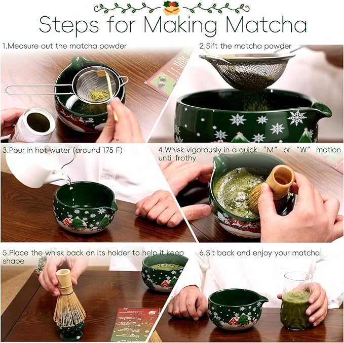 Christmas Gifts Matcha Whisk Set, Ceramic Matcha Set Includes Bowl & Holder, Bamboo Whisk (Chasen), Scoop, Spoon and Sifter, 6PCS Matcha Kit Covers Everything Needed for Making Matcha