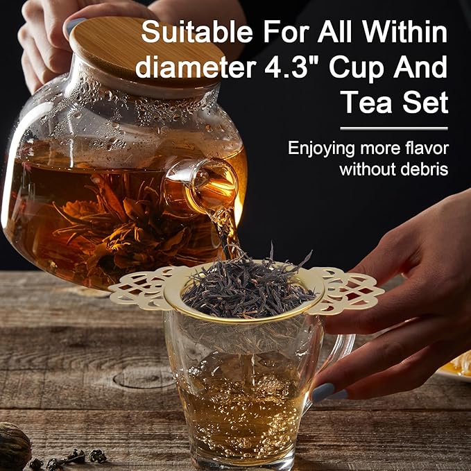 2 Pack Tea Strainers with Drip Bowls Stainless Steel Mesh Tea Infusers Loose Leaf Tea Filter with Handles Tea Steeper for Tea Juice Coffee Drinks, Gold