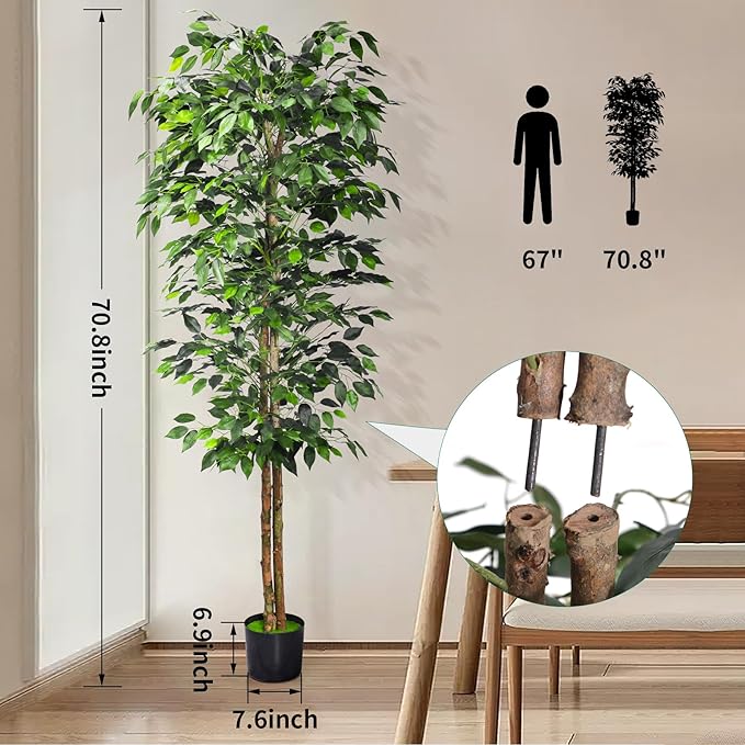 2Packs 6FT Artificial Ficus Trees with Realistic Leaves and Natural Trunk, Faux Ficus Tree with Sturdy Plastic Nursery Pot, Fake Ficus Tree for Office Home Farmhouse for Indoor Outdoor Decor