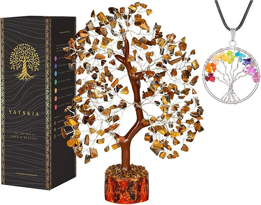 YATSKIA Tiger Eye Crystal Tree - Tree of Life - Tiger Eye Stone - Reiki Gifts - Gemstone Tree - Spiritual Decor - Crystal Decor - Chakra Decor - Metaphysical Gifts - Chakra Stones - Home Office Decor