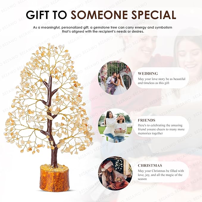 Crocon Citrine Gemstone Tree Feng Shui Figurine Money Bonsai Chakra Balancing Good Luck Prosperity Reiki Healing Crystals Decoration Ornament Sculpture Table Decor Gift Size 10-12"""