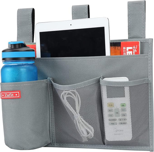 Hanging Bedside Caddy, Bedside Storage Organizer for Magazine, Phone, Remote control (4 Pockets-Grey)