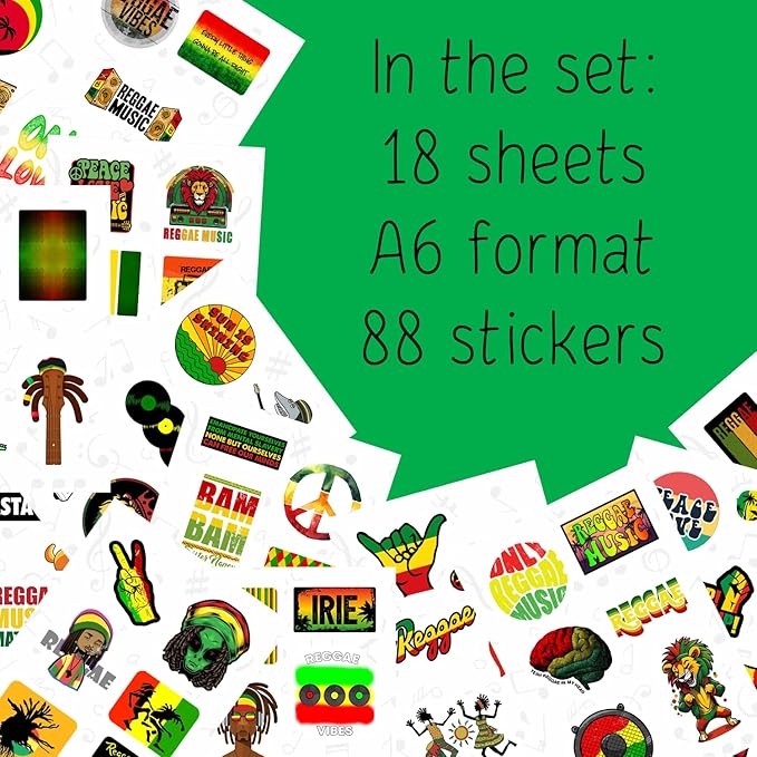 Reggae Stickers – Rasta Stickers, Jamaica Inspired Vinyl Decals – Waterproof Aesthetic Stickers for Laptops, Water Bottles, Guitars, Journals – Gifts for Reggae Music Lovers