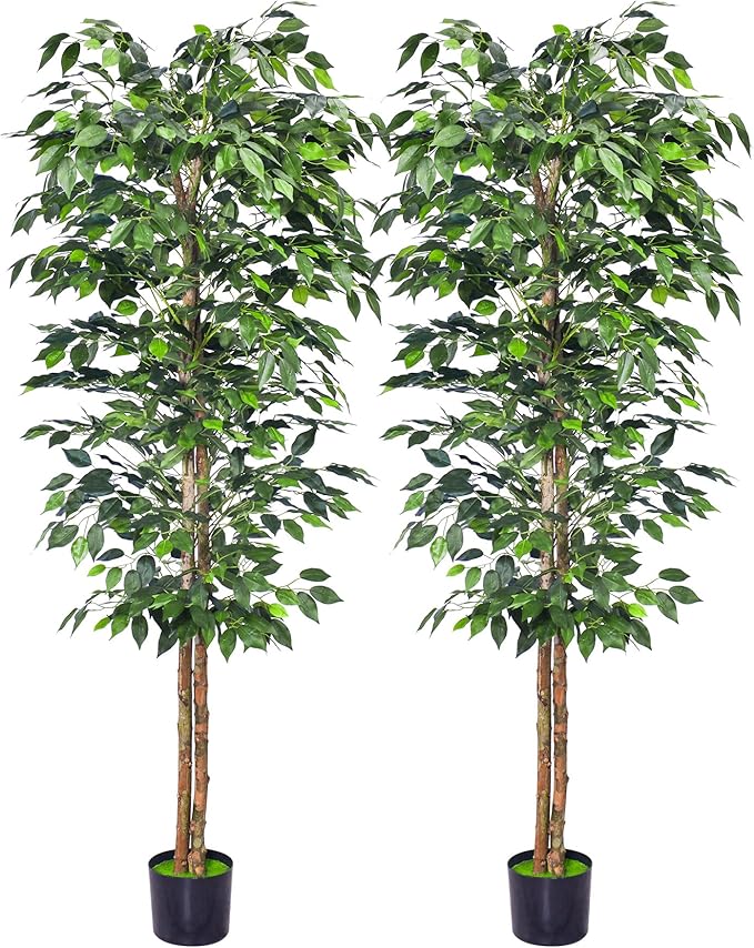 2Packs 6FT Artificial Ficus Tree,Fake Plants with Sturdy Plastic Nursery Pot,Faux Ficus Trees for Home Office Living Room Farmhouse Indoor Outdoor Decor Perfect Housewarming Gift (6FT-2Packs)