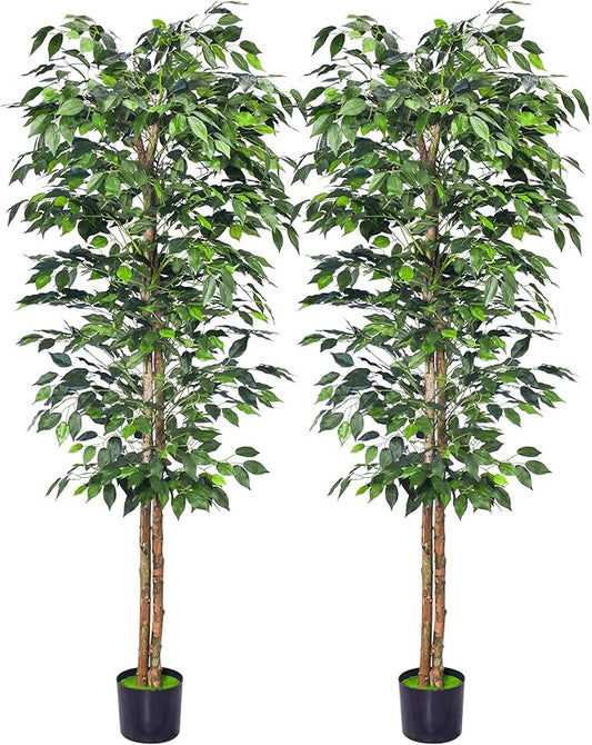 2Packs 6FT Artificial Ficus Tree,Fake Plants with Sturdy Plastic Nursery Pot,Faux Ficus Trees for Home Office Living Room Farmhouse Indoor Outdoor Decor Perfect Housewarming Gift (6FT-2Packs)