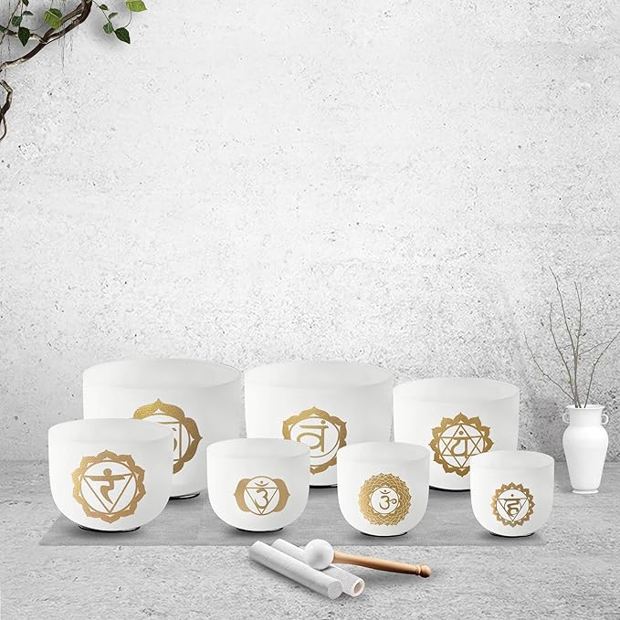 RYAN DVAN 432 hz 7-12 Inch Set of 7 Gold Chakra Design Quartz Crystal Singing Bowl Chakra Set with Free 2 pcs Carrying Case