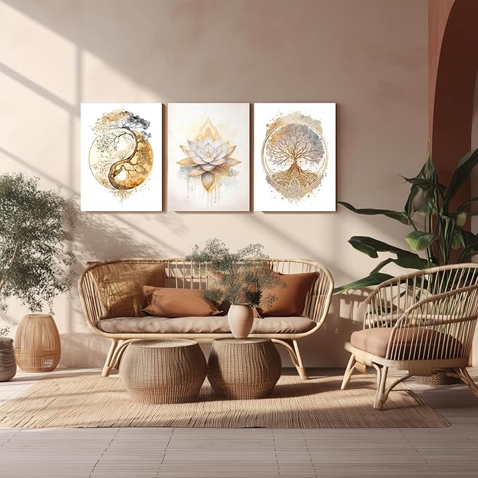 GELDSTEI Tree of Life Wall Art, Calming Zen Wall Decor, Abstract Yin Yang Tree Canvas Painting, Modern Gold Lotus Flower Meditation Poster Print for Living Room Yoga Room Bedroom Framed 16"x24"x3